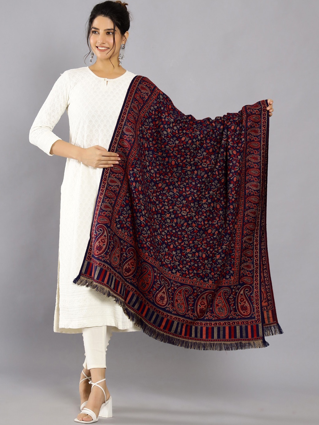 

HANDICRAFT PALACE Kaani Floral Woven Design Shawl, Navy blue