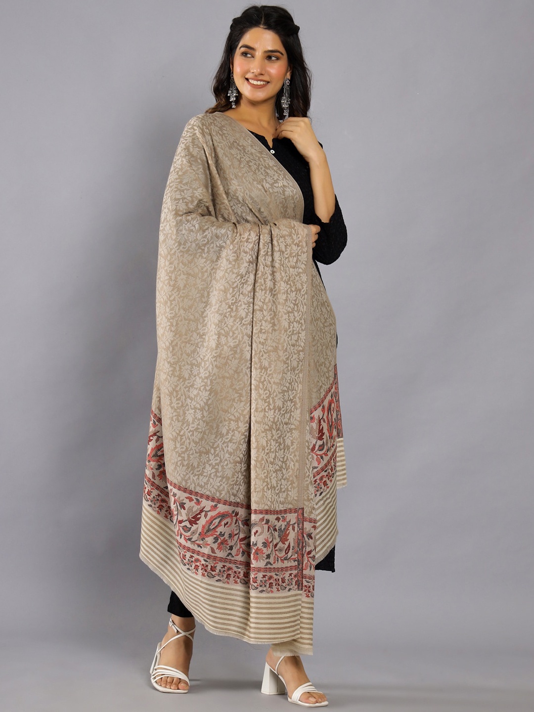 

HANDICRAFT PALACE Floral Kaani Woven Design Wool Shawl, Beige
