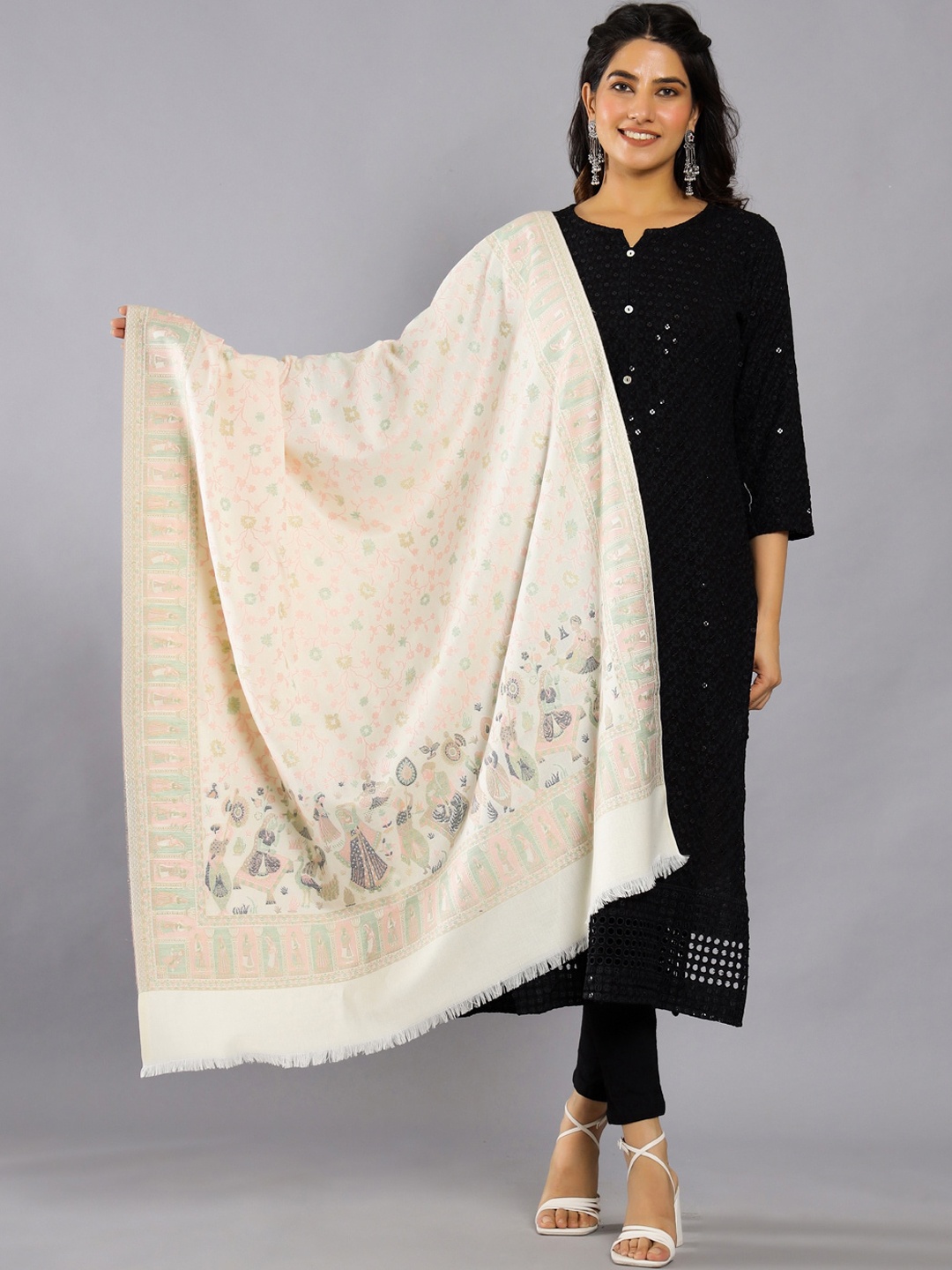 

HANDICRAFT PALACE Ethnic Motifs Woven Design Shawl, White
