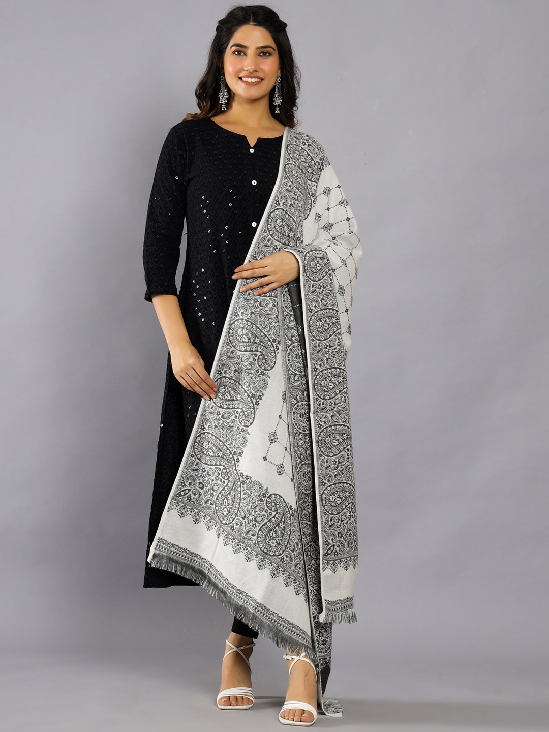 

HANDICRAFT PALACE Ethnic Motifs Woven Design Shawl, White