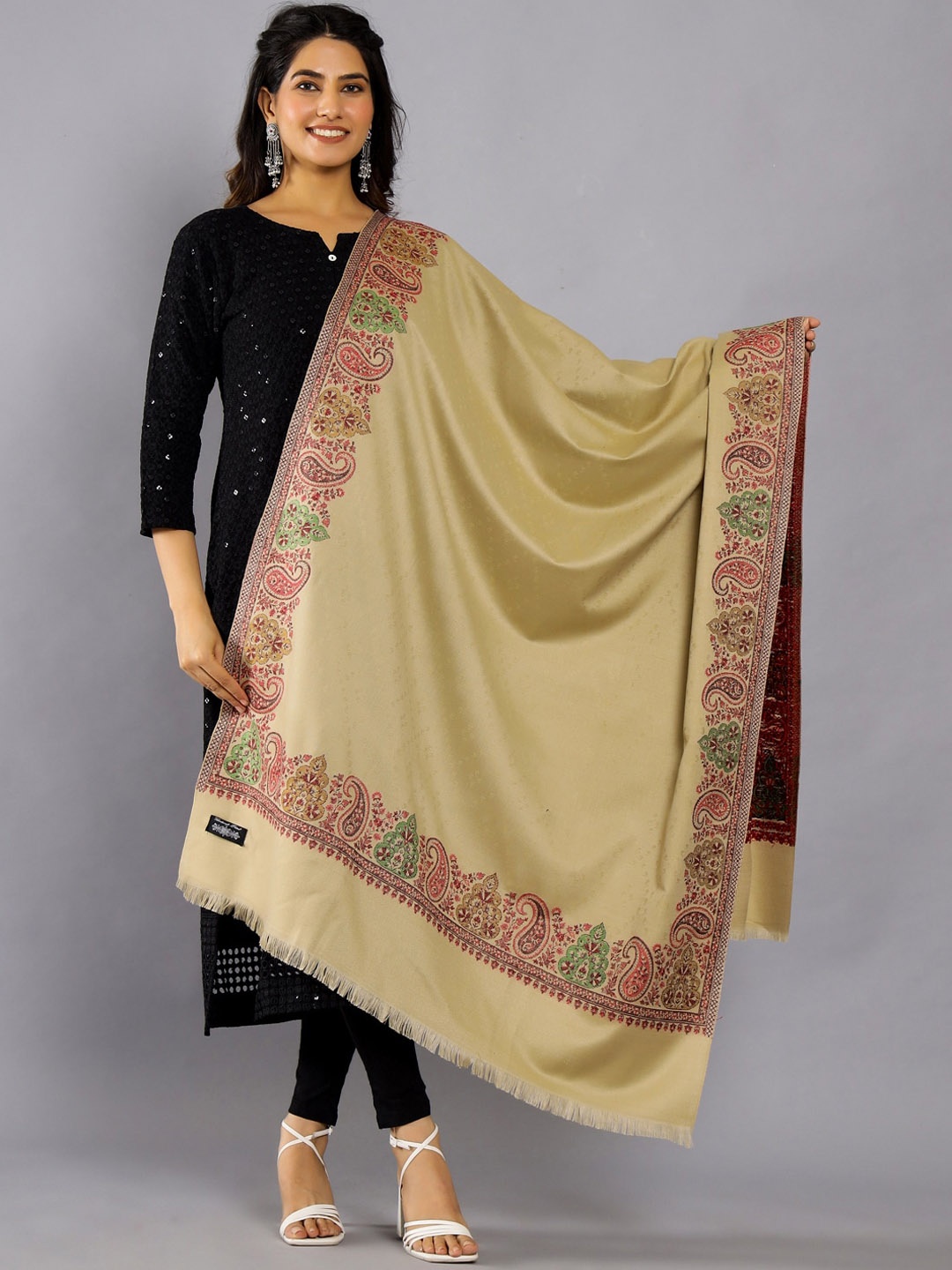 

HANDICRAFT PALACE Ethnic Motifs Woven Design Shawl, Beige