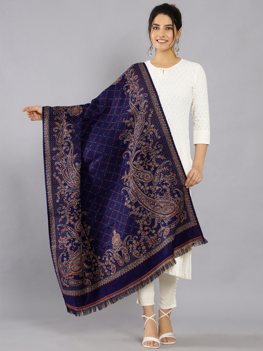 

HANDICRAFT PALACE Kashmiri Kani Ethnic Motif Woven Design Shawl, Navy blue
