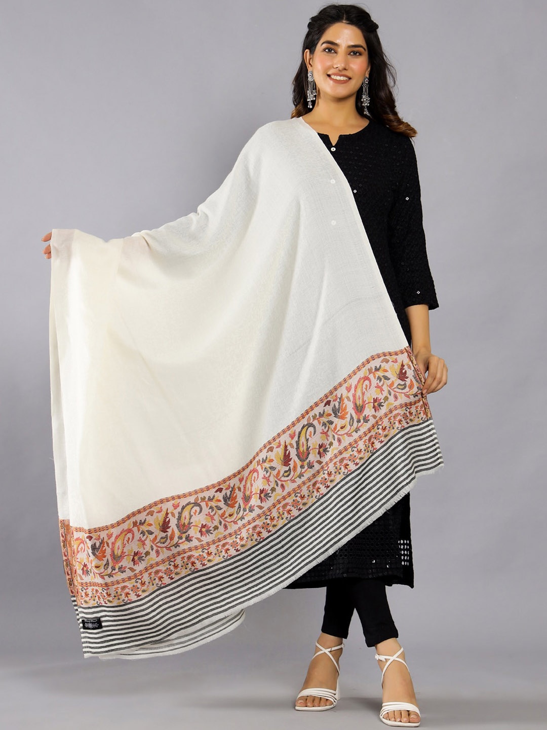 

HANDICRAFT PALACE Kaani Ethnic Motif Woven Design Shawl, White