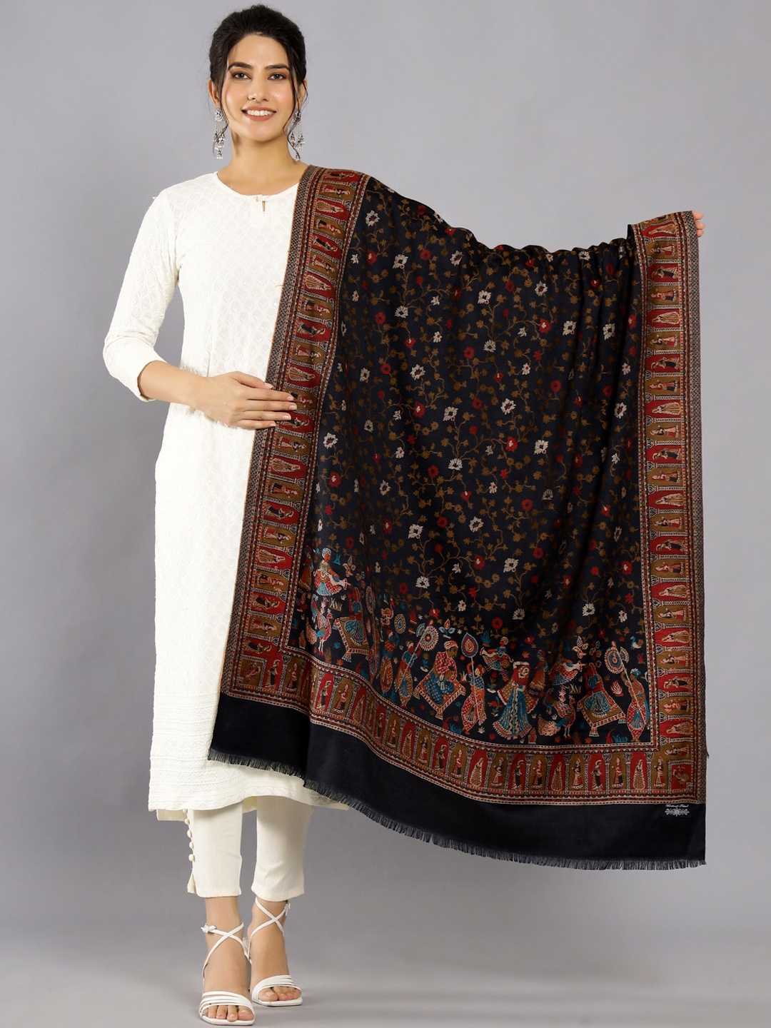 

HANDICRAFT PALACE Kashmiri Kani Ethnic Motif Woven Design Shawl, Black