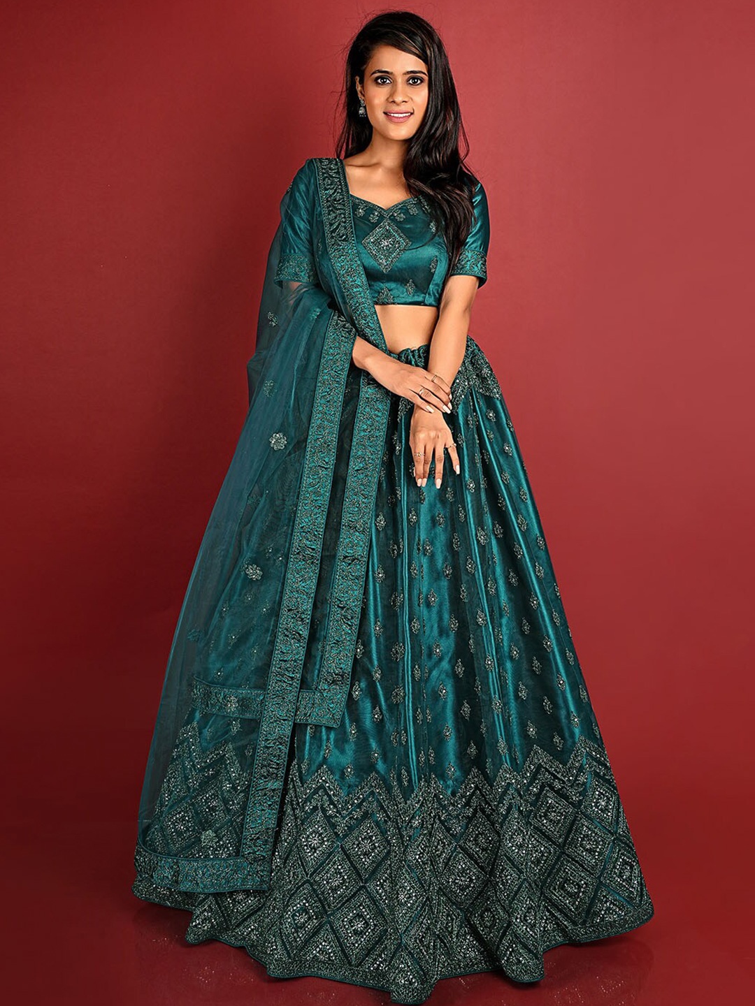 

HALFSAREE STUDIO Embellished Semi-Stitched Lehenga & Unstitched Blouse With Dupatta, Green