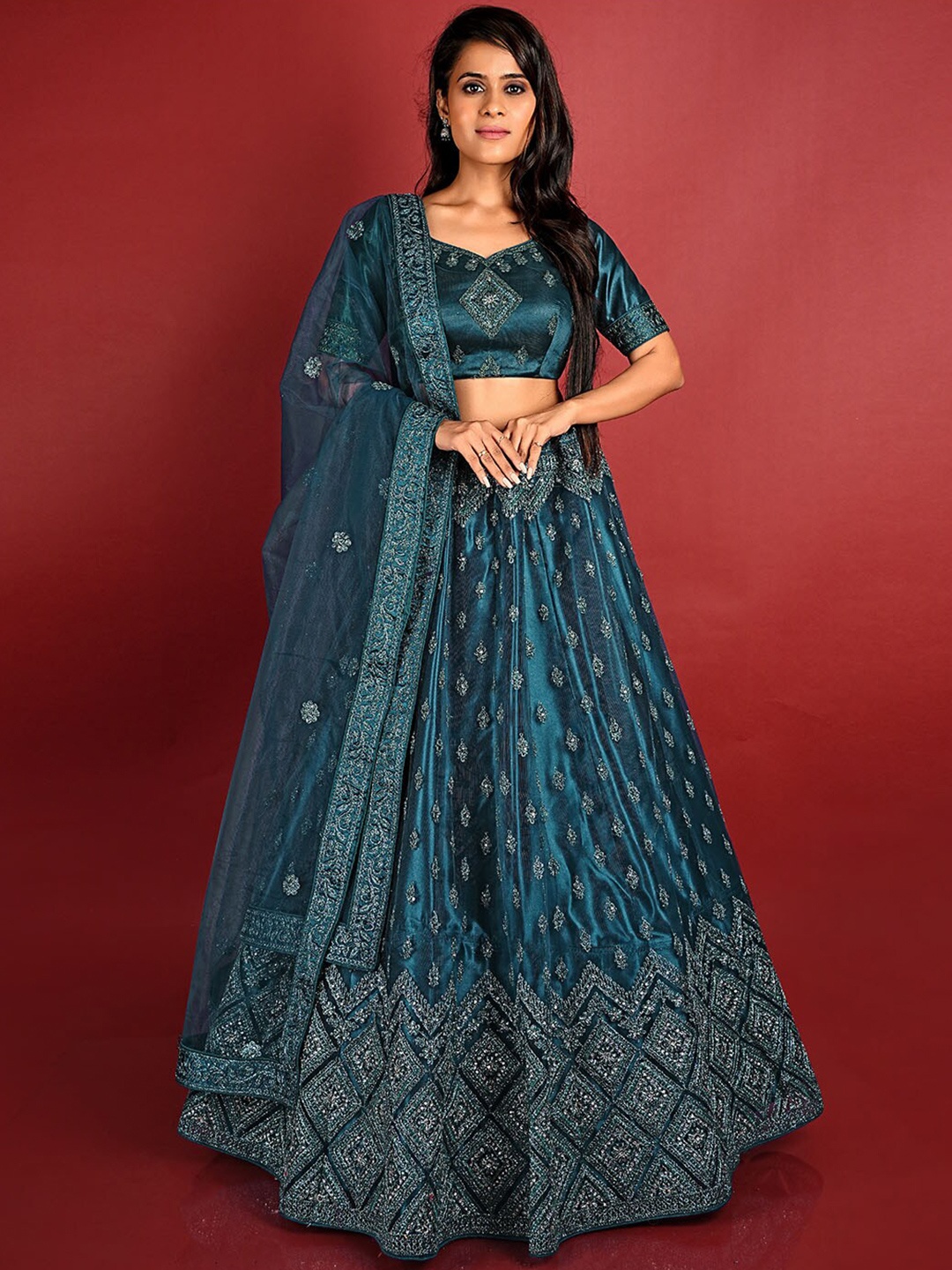

HALFSAREE STUDIO Embellished Semi-Stitched Lehenga & Unstitched Blouse With Dupatta, Teal