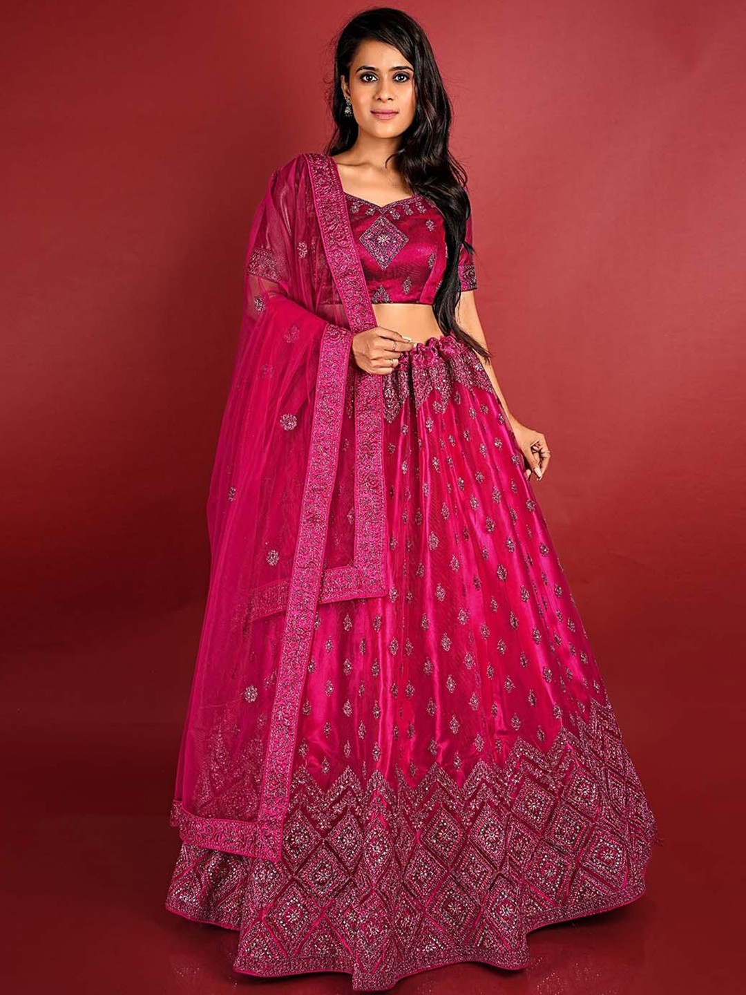 

HALFSAREE STUDIO Embroidered Semi-Stitched Lehenga & Unstitched Blouse With Dupatta, Pink