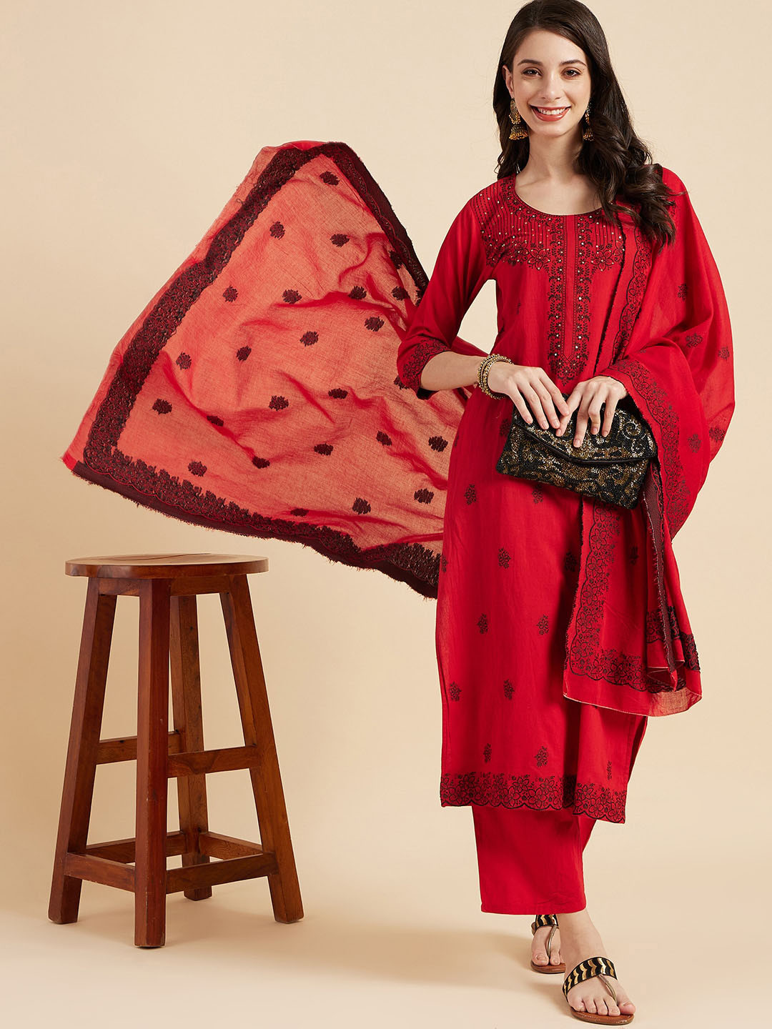 

Sangria Red Woven Design Sequinned Pure Cotton Straight Kurta With Palazzo & Dupatta