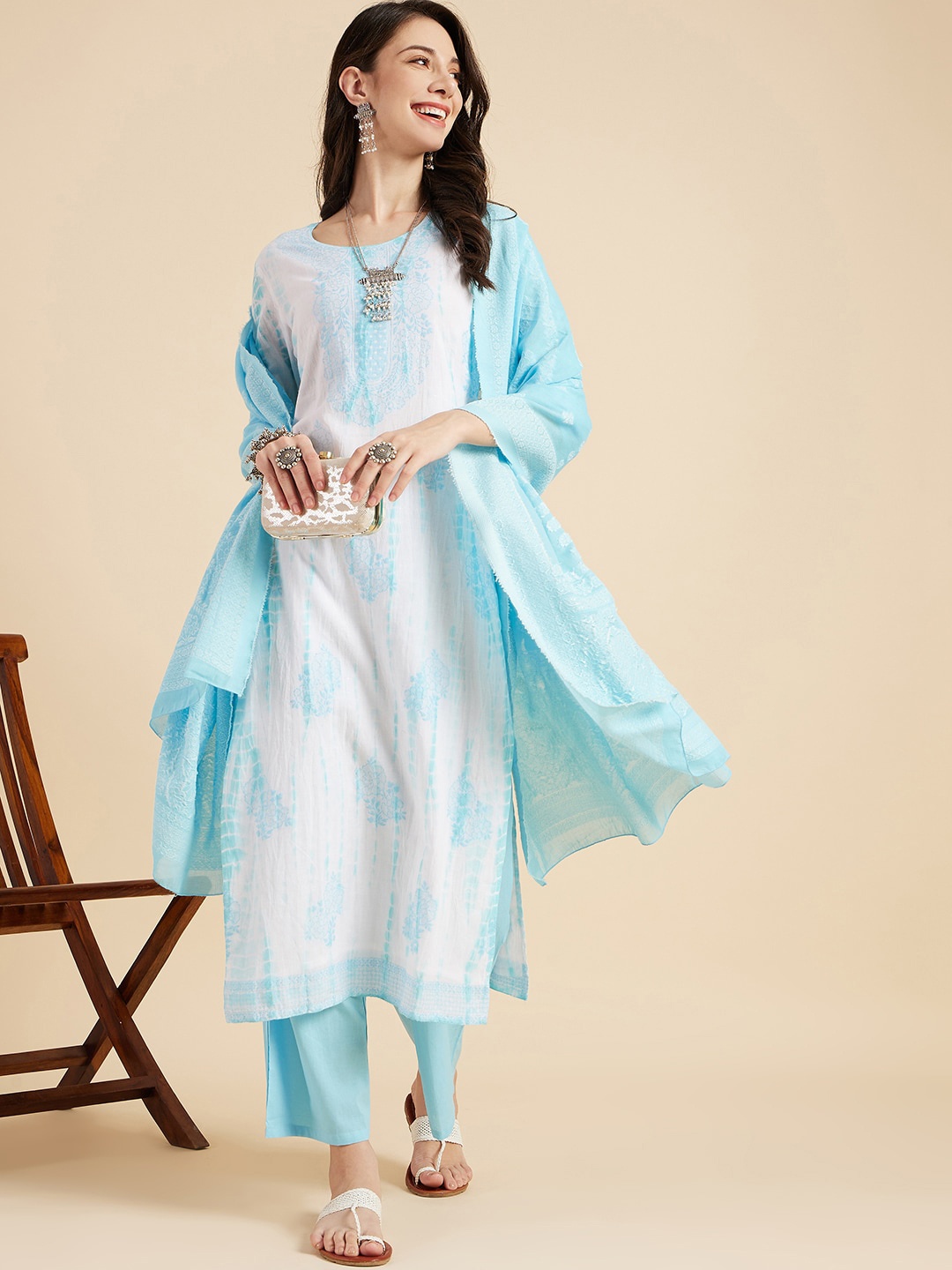 

Sangria Turquoise Blue Woven Design Straight Pure Cotton Kurta With Trouser & Dupatta