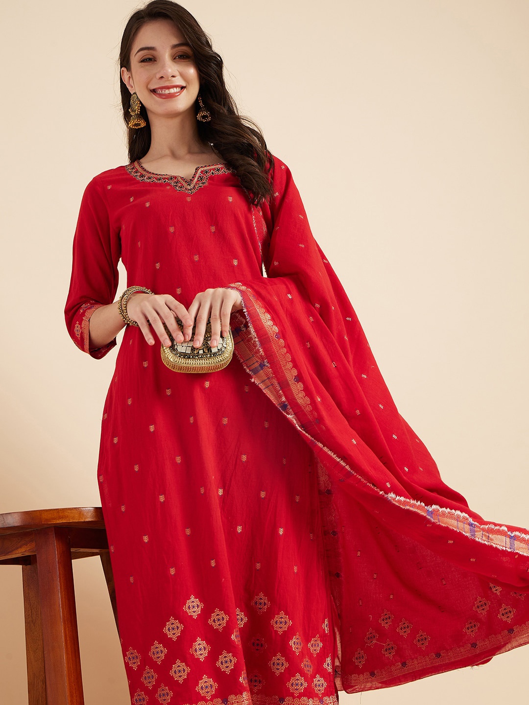 

Sangria Ethnic Motifs Woven Design Sequinned Pure Cotton Kurta With Trousers & Dupatta, Red