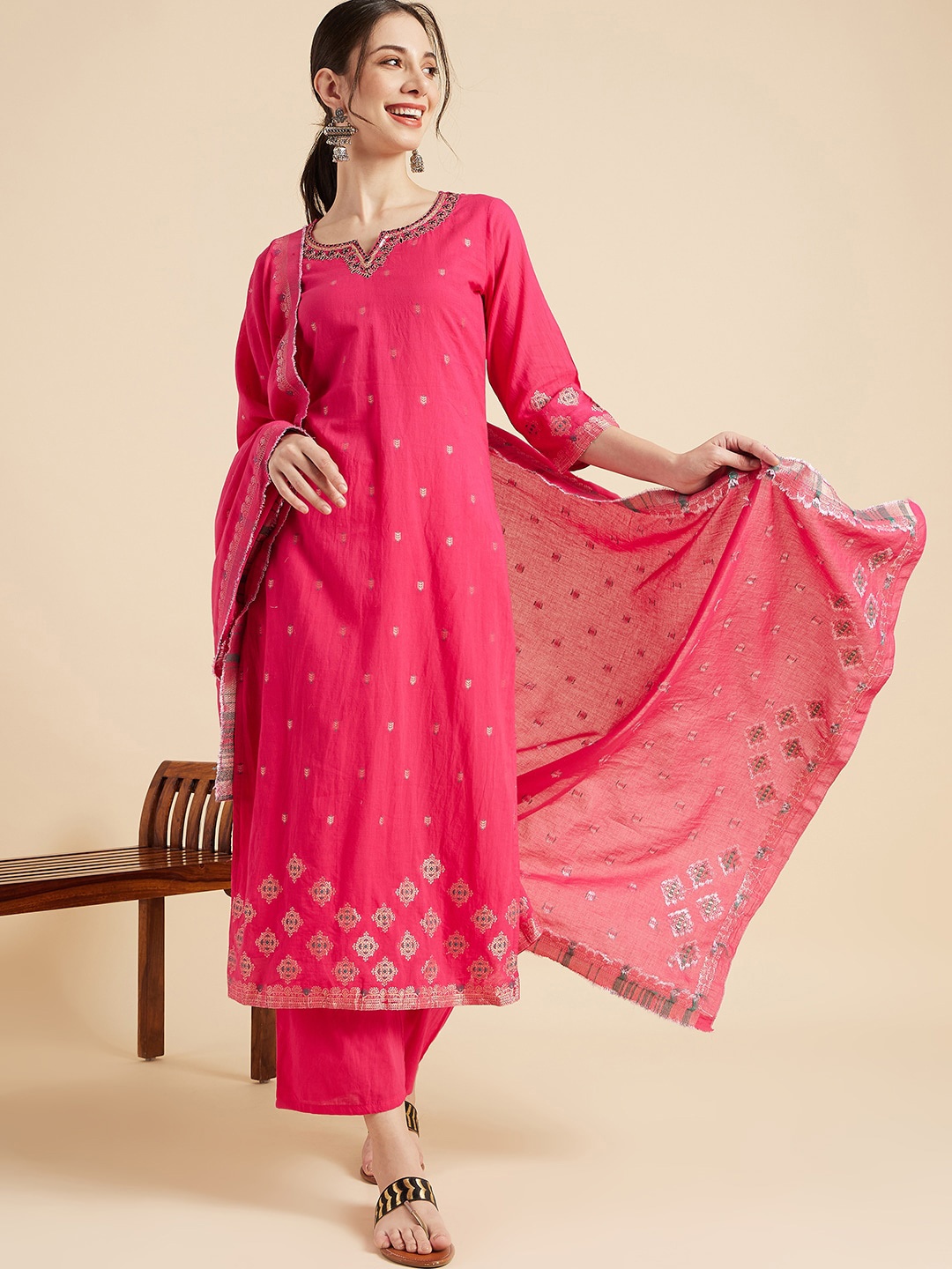 

Sangria Pink Ethnic Motifs Foil Printed Thread Work Straight Kurta & Palazzo With Dupatta