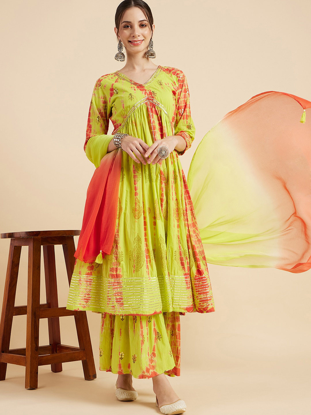 

Sangria Tie & Dye Pure Cotton Anarkali With Palazzo & Dupatta, Green