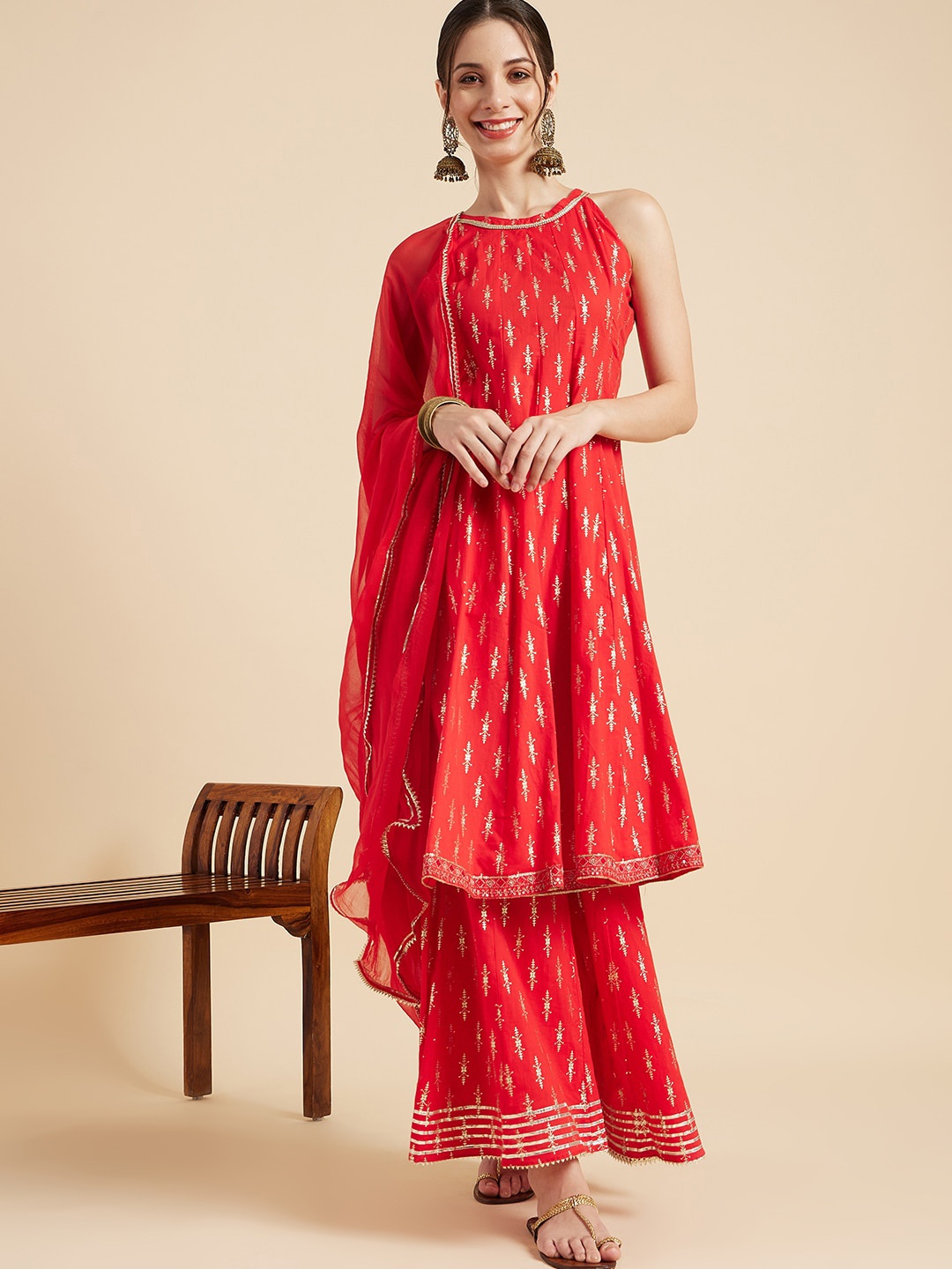 

Sangria Red Ethnic Motifs Printed Anarkali Kurta & Trousers With Dupatta