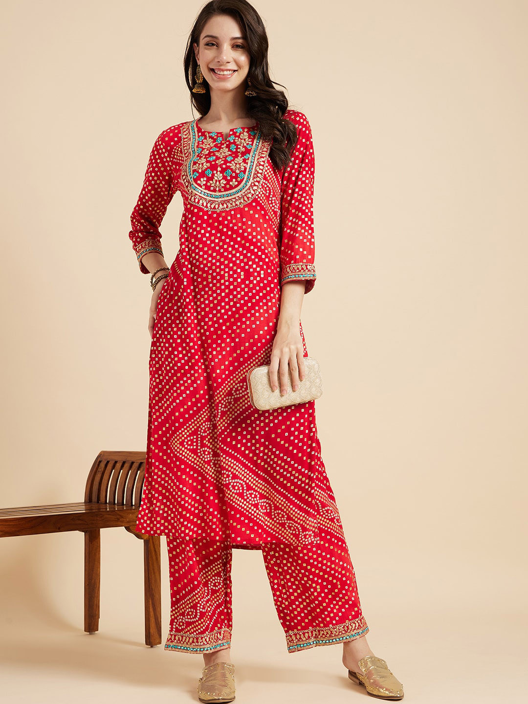 

Sangria Bandhani Printed Mirror Work Straight Kurta With Palazzos, Red