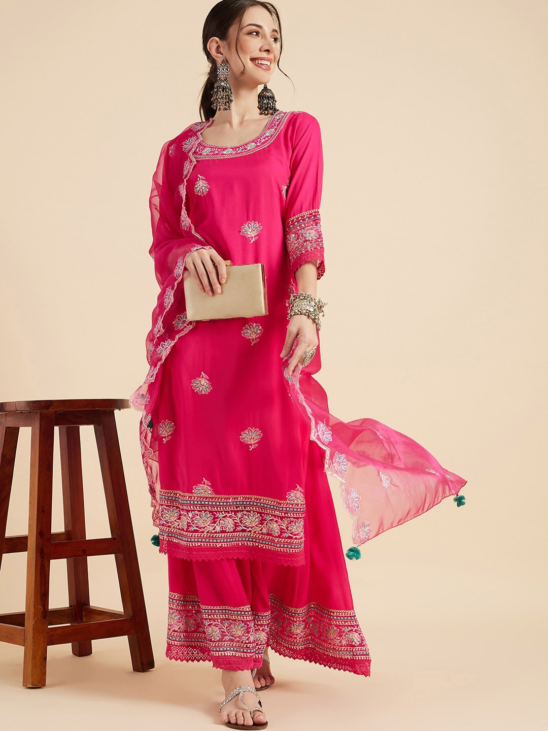 

Sangria Pink Floral Embroidered Straight Kurta & Palazzo With Dupatta