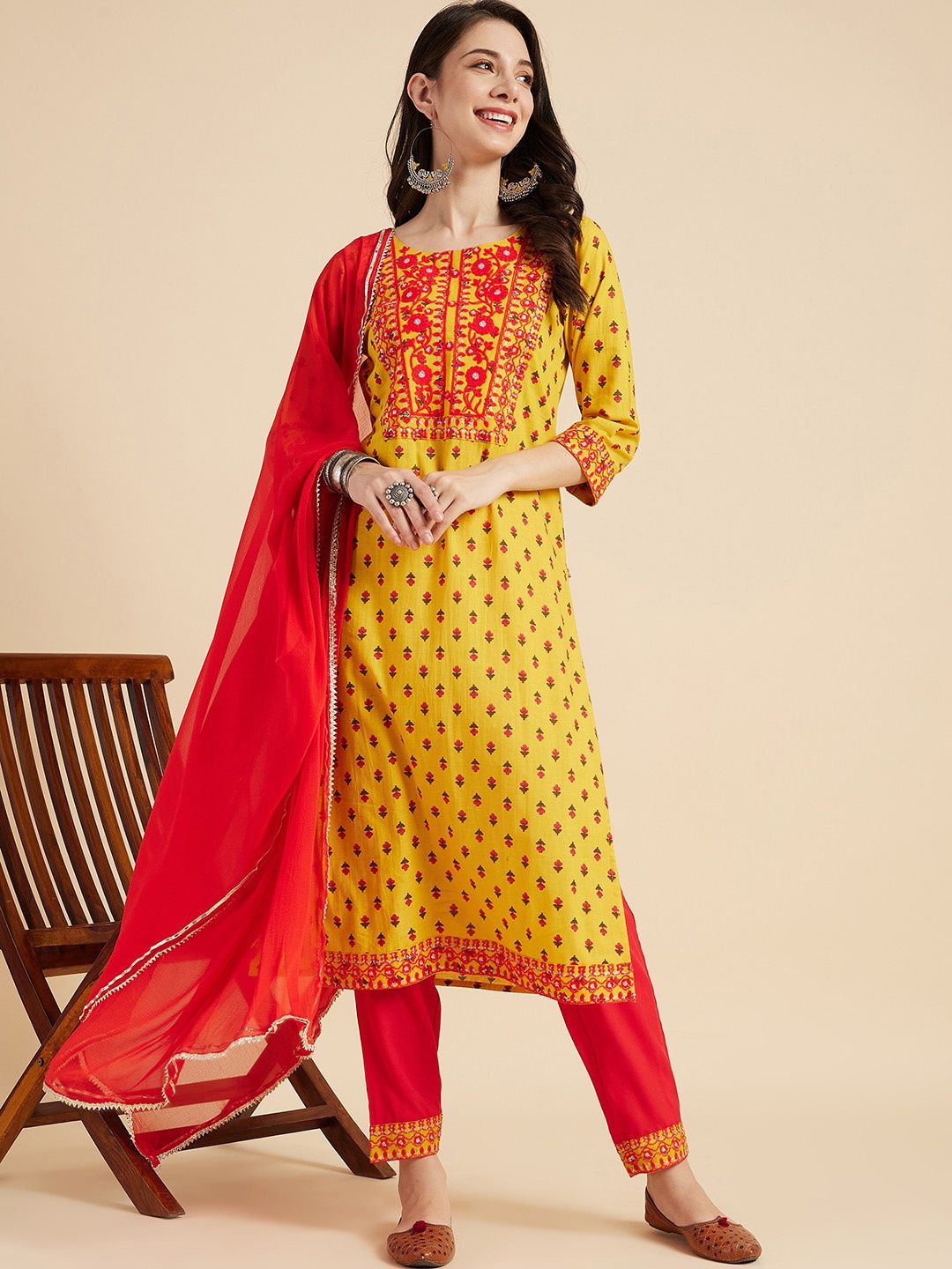 

Sangria Yellow Ethnic Motifs Embroidered Pure Cotton Straight Kurta With Trouser & Dupatta