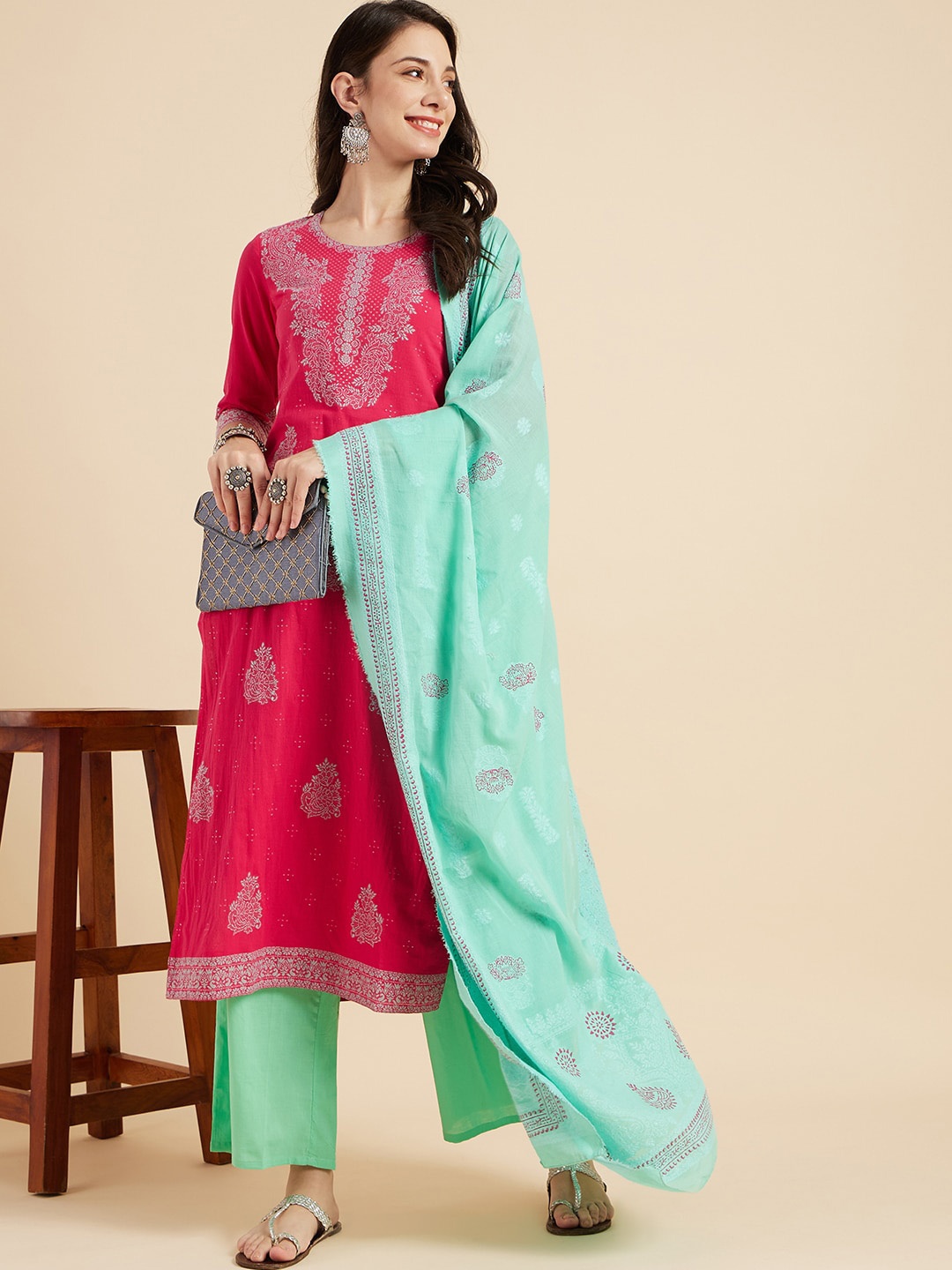 

Sangria Pink Ethnic Motifs Printed Pure Cotton Straight Kurta With Trouser & Dupatta