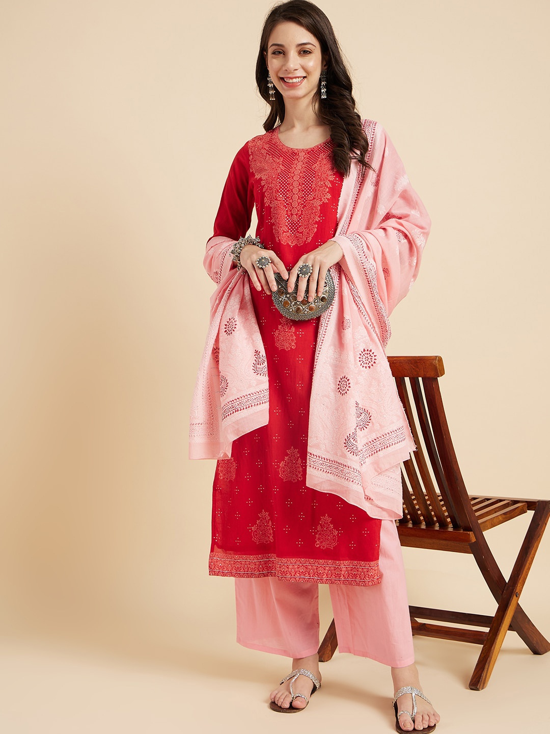 

Sangria Ethnic Motifs Printed Pure Cotton Straight Kurta With Palazzos & Dupatta, Red