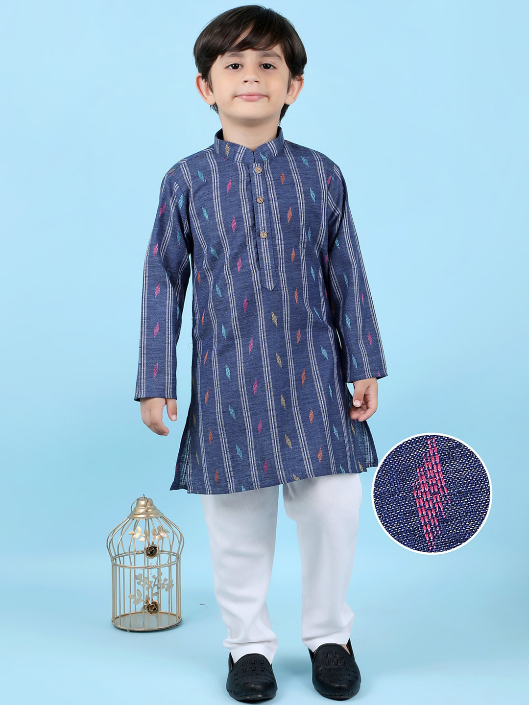 

KIDS FARM Boys Ethnic Motifs Woven Design Pure Cotton Kurta with Pyjamas, Blue