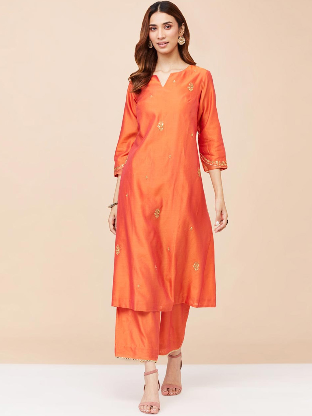 

Fabindia Ethnic Motifs Embroidered Regular Kurta with Palazzos, Orange