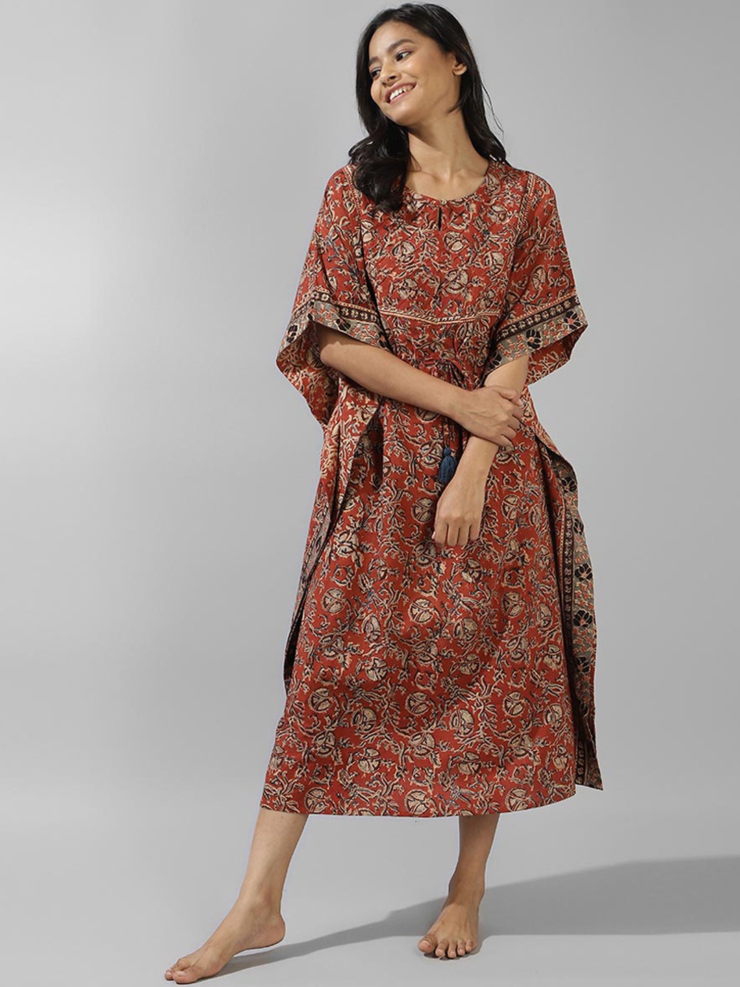 

Fabindia Kalamkari Printed Midi Cotton Nightdress, Rust