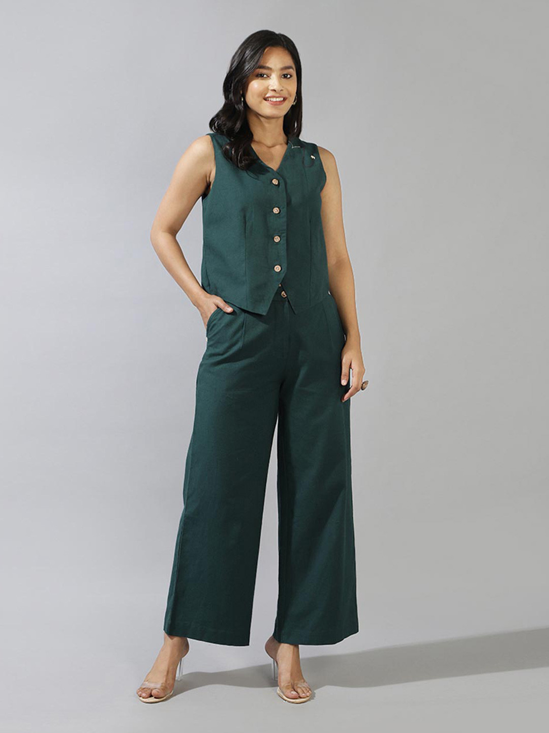 

Fabindia V-Neck Sleeveless Cotton Linen Shirt Style Top With Trousers, Teal
