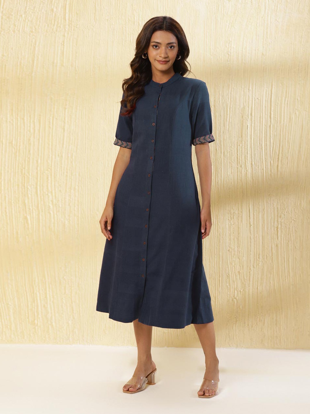 

Fabindia Band Collar Cotton A-Line Midi Dress, Navy blue