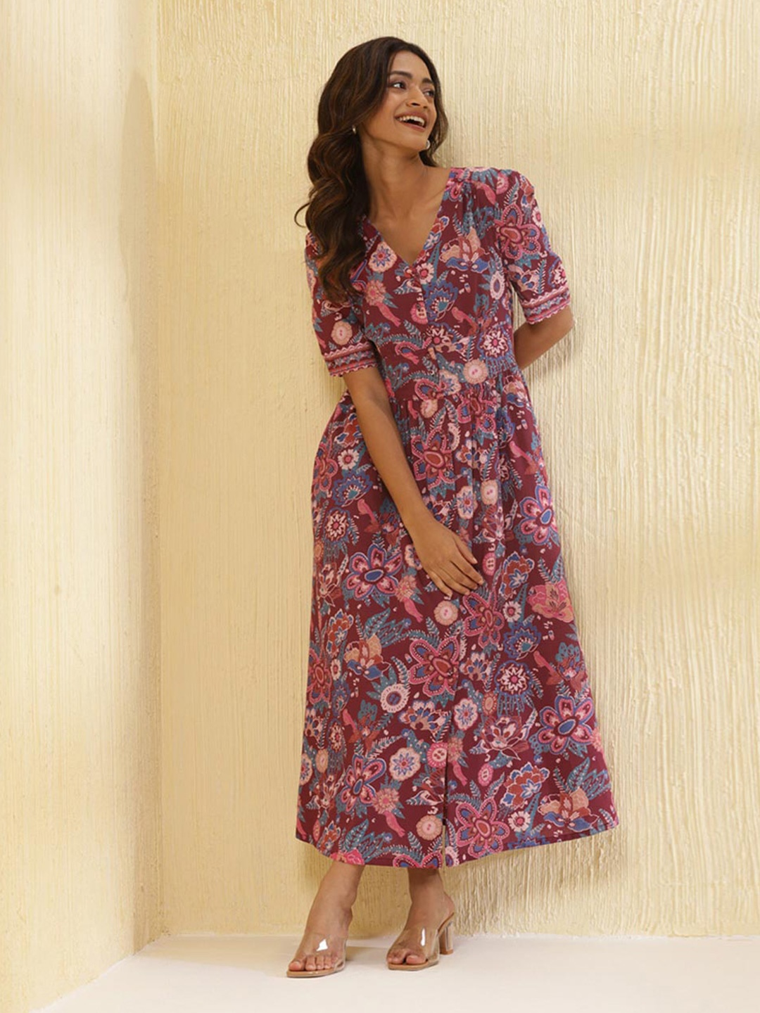 

Fabindia Floral Printed Gathered V- Neck A- Line Cotton Midi Ethnic Dresses, Mauve