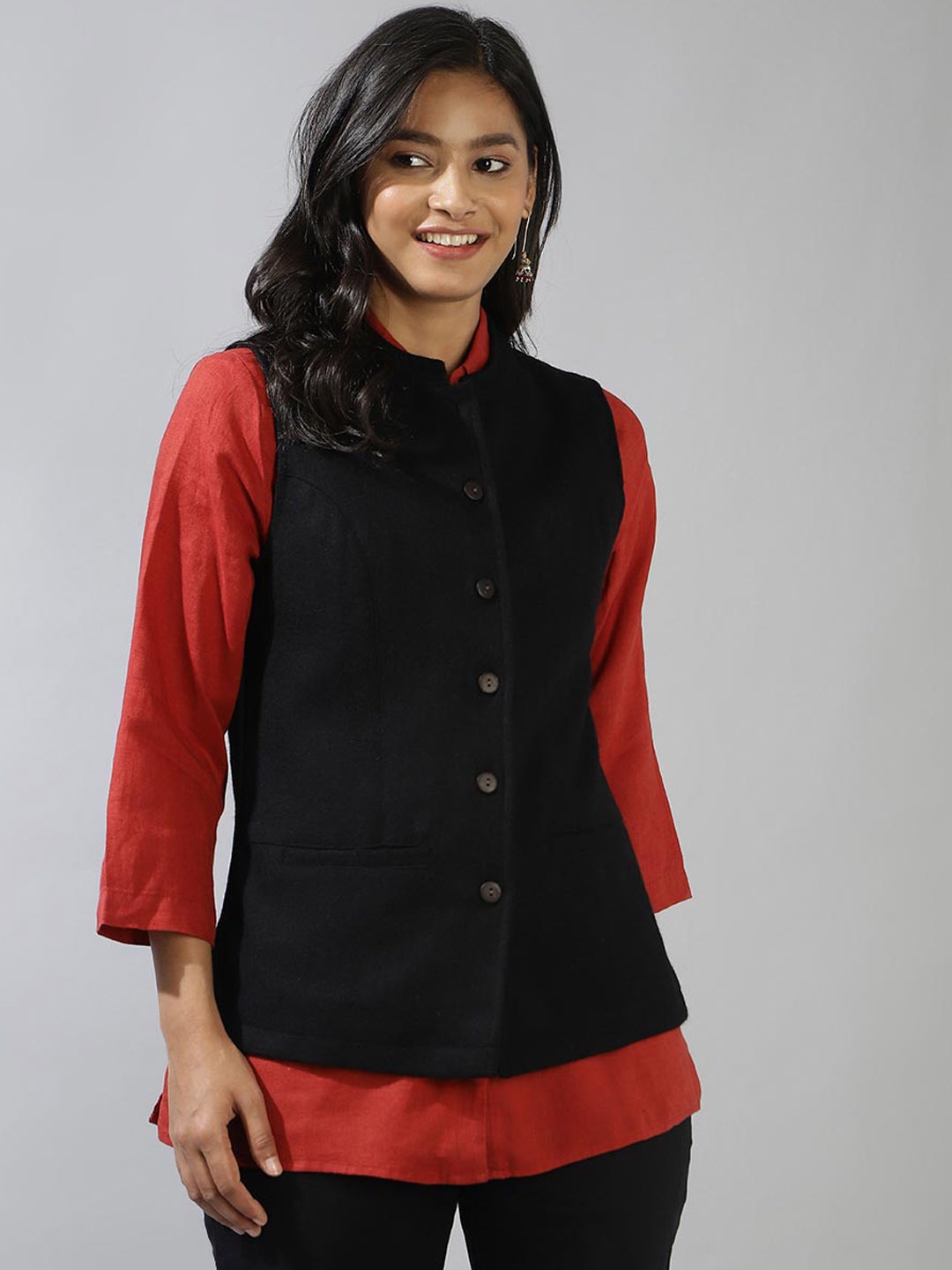 

Fabindia Mandarin Collar Sleeveless Pure Wool Nehru Jackets, Black