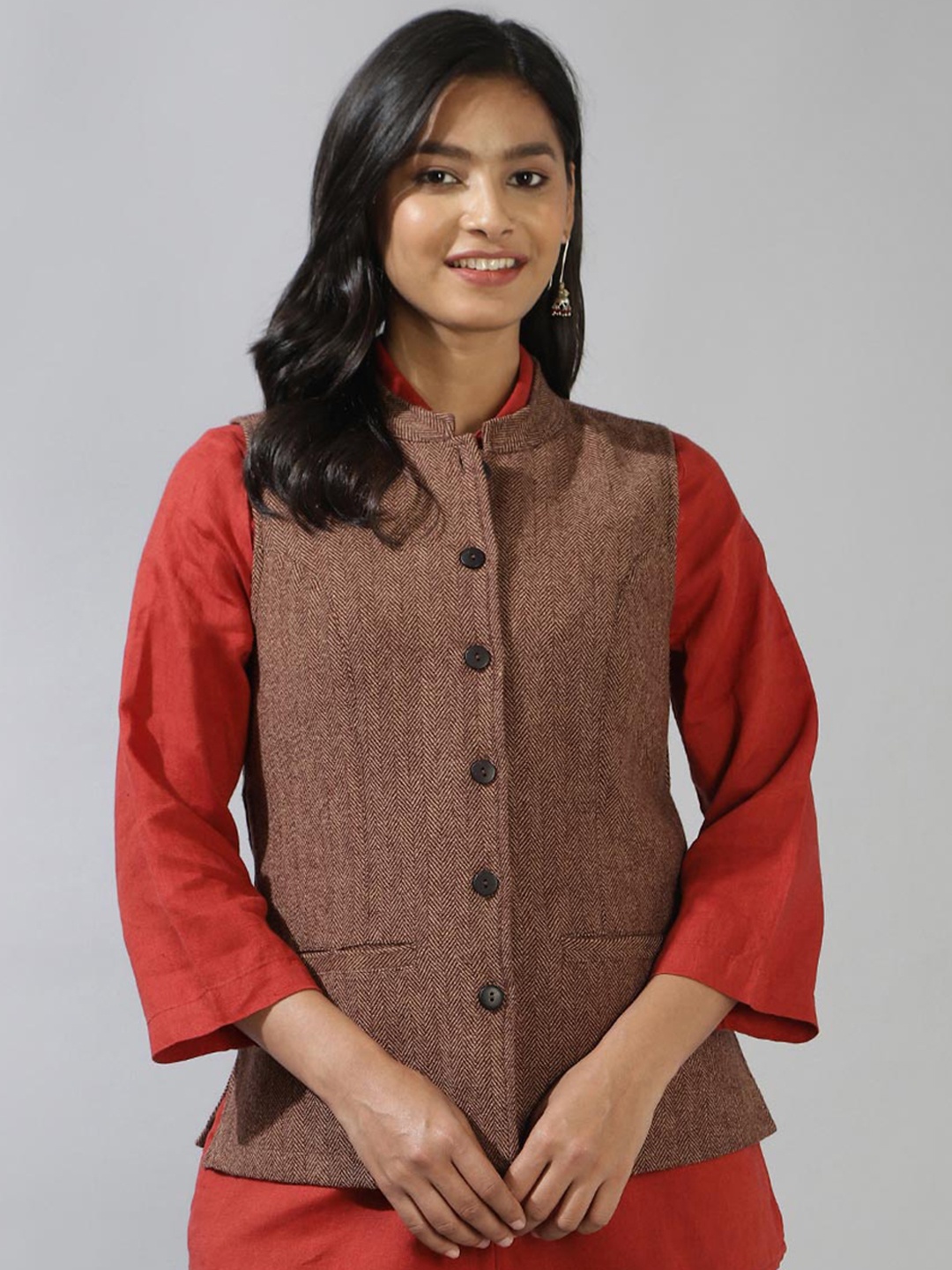 

Fabindia Mandarin Collar Sleeveless Pure Wool Nehru Jackets, Brown