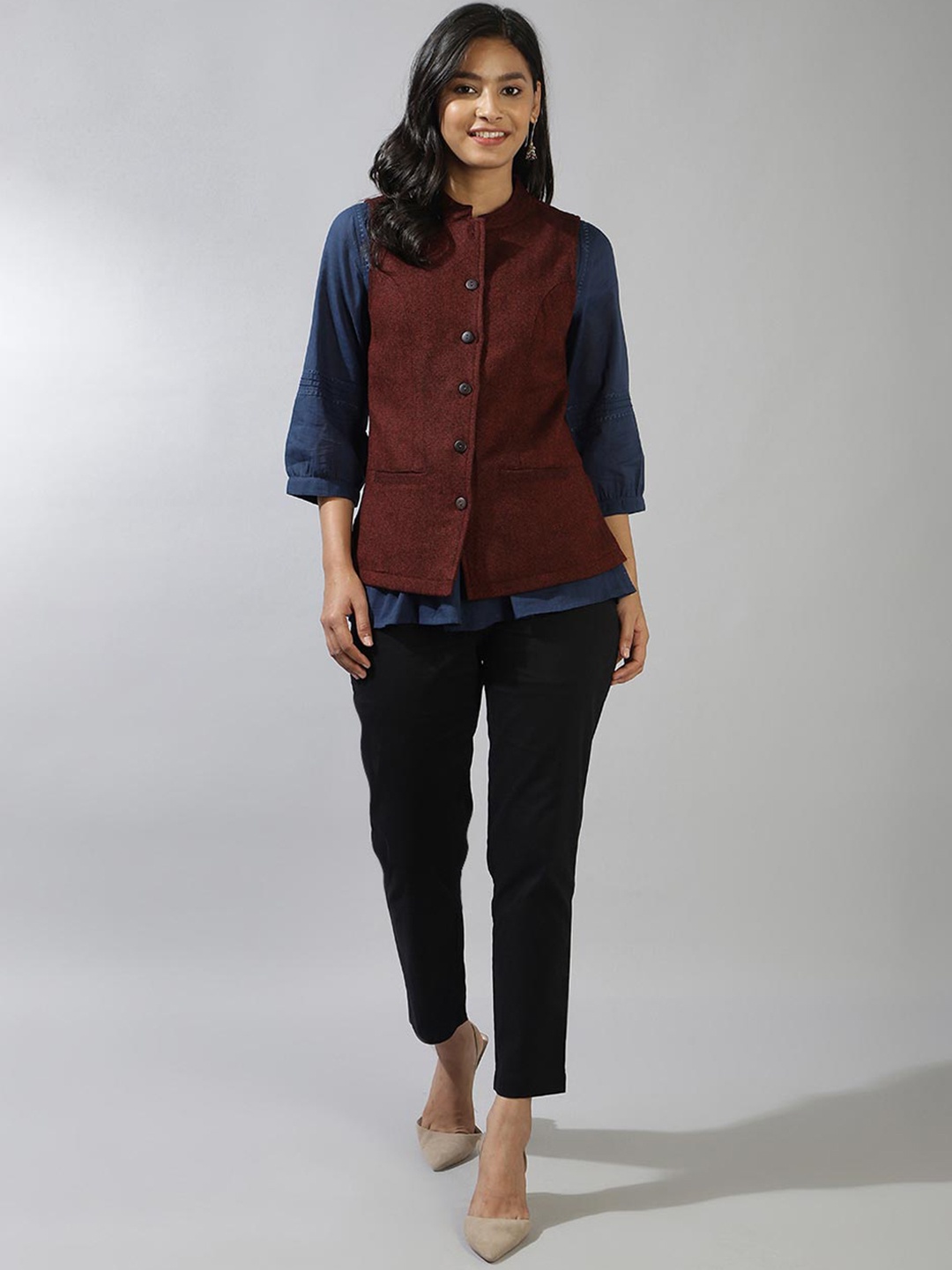 

Fabindia Mandarin Collar Sleeveless Pure Wool Nehru Jackets, Maroon