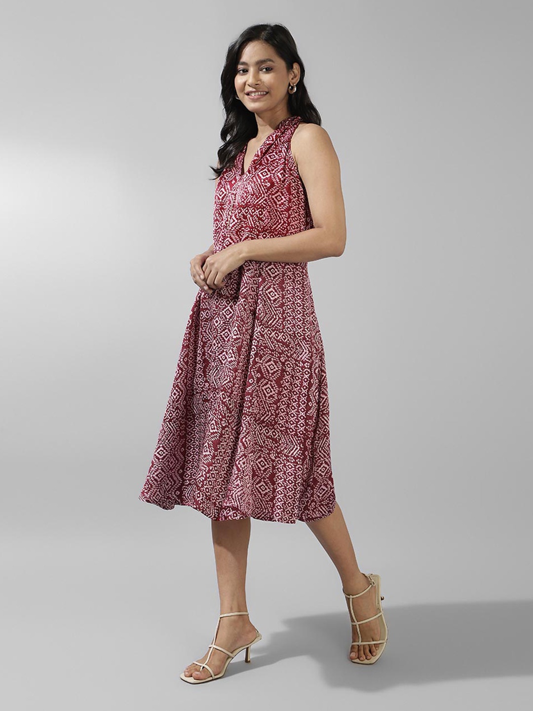 

Fabindia Abstract Block Printed Tie-Ups A-Line Midi Dress, Burgundy