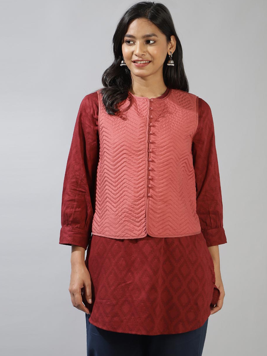 

Fabindia Stand Collar Sleeveless Tailored Jacket, Rust