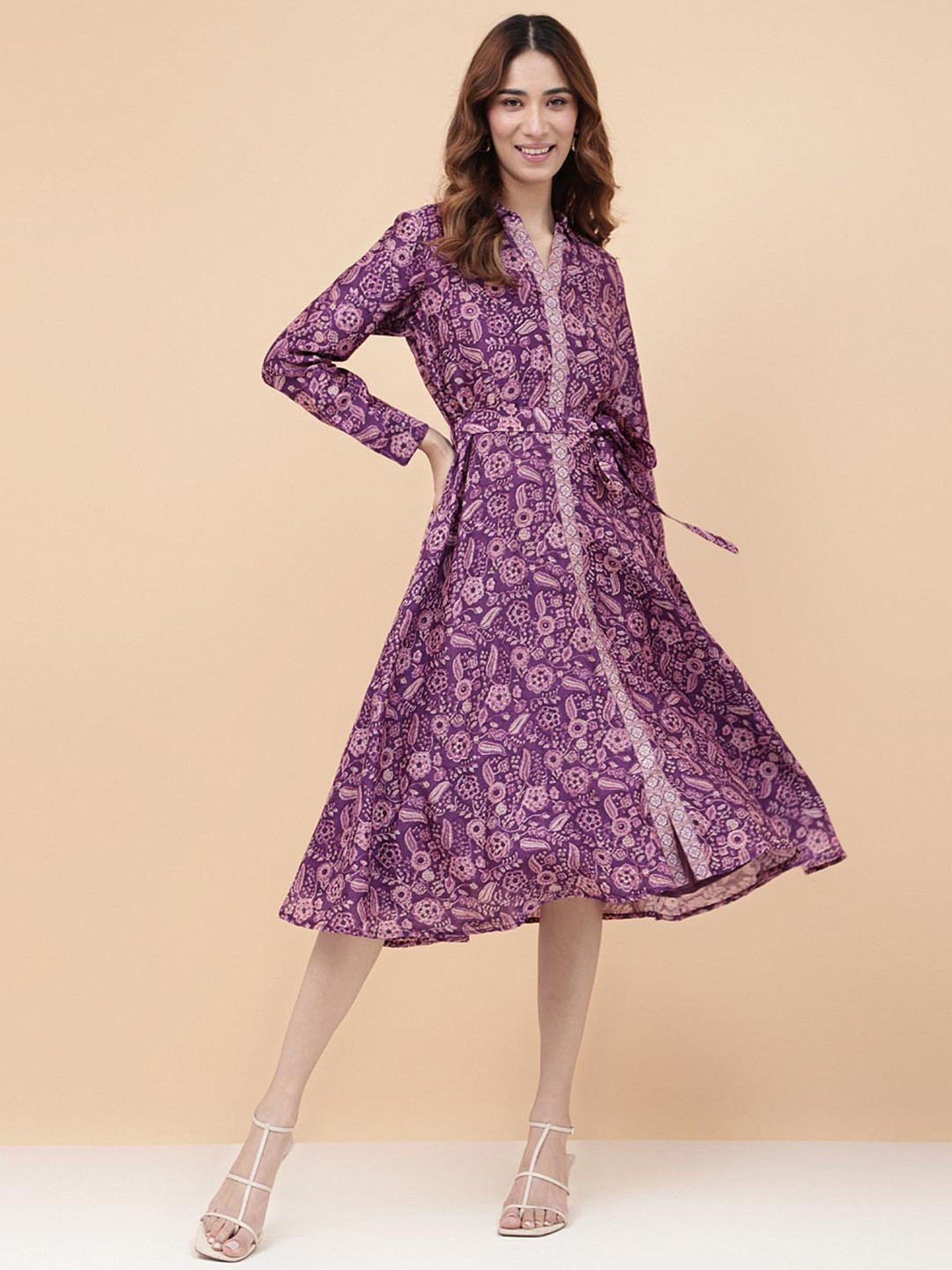 

Fabindia Floral Printed Belted Mandarin Collar Cotton Silk A-Line Midi Dress, Purple
