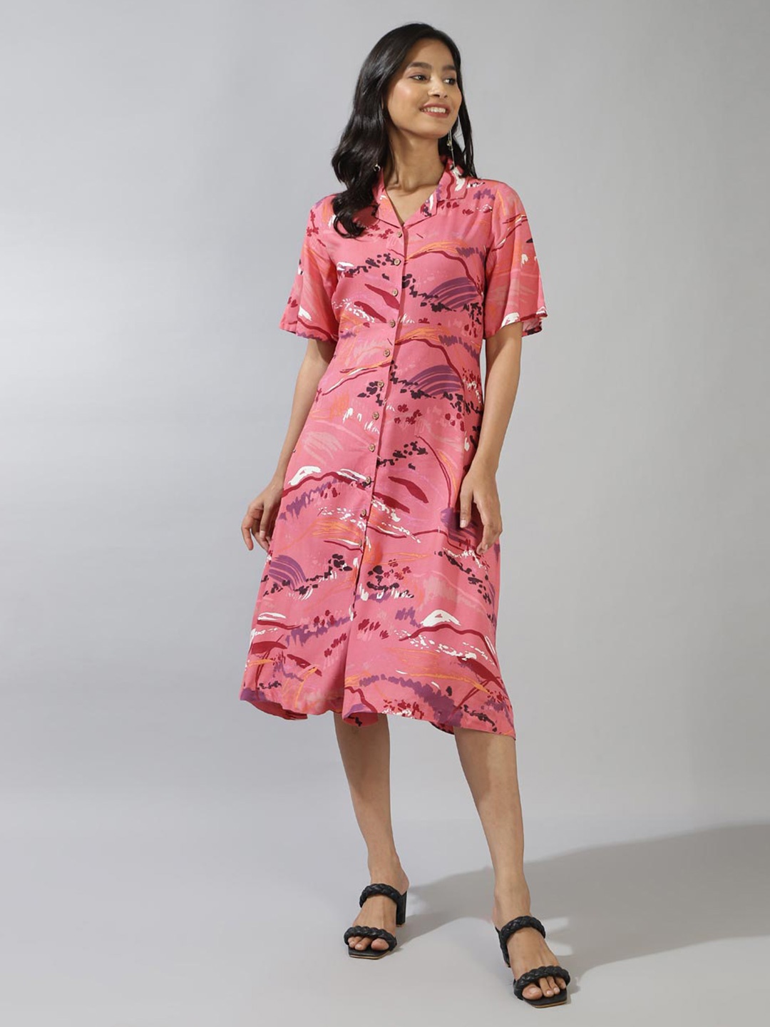 

Fabindia Abstract Printed Shirt Collar Midi Shirt Dress, Pink