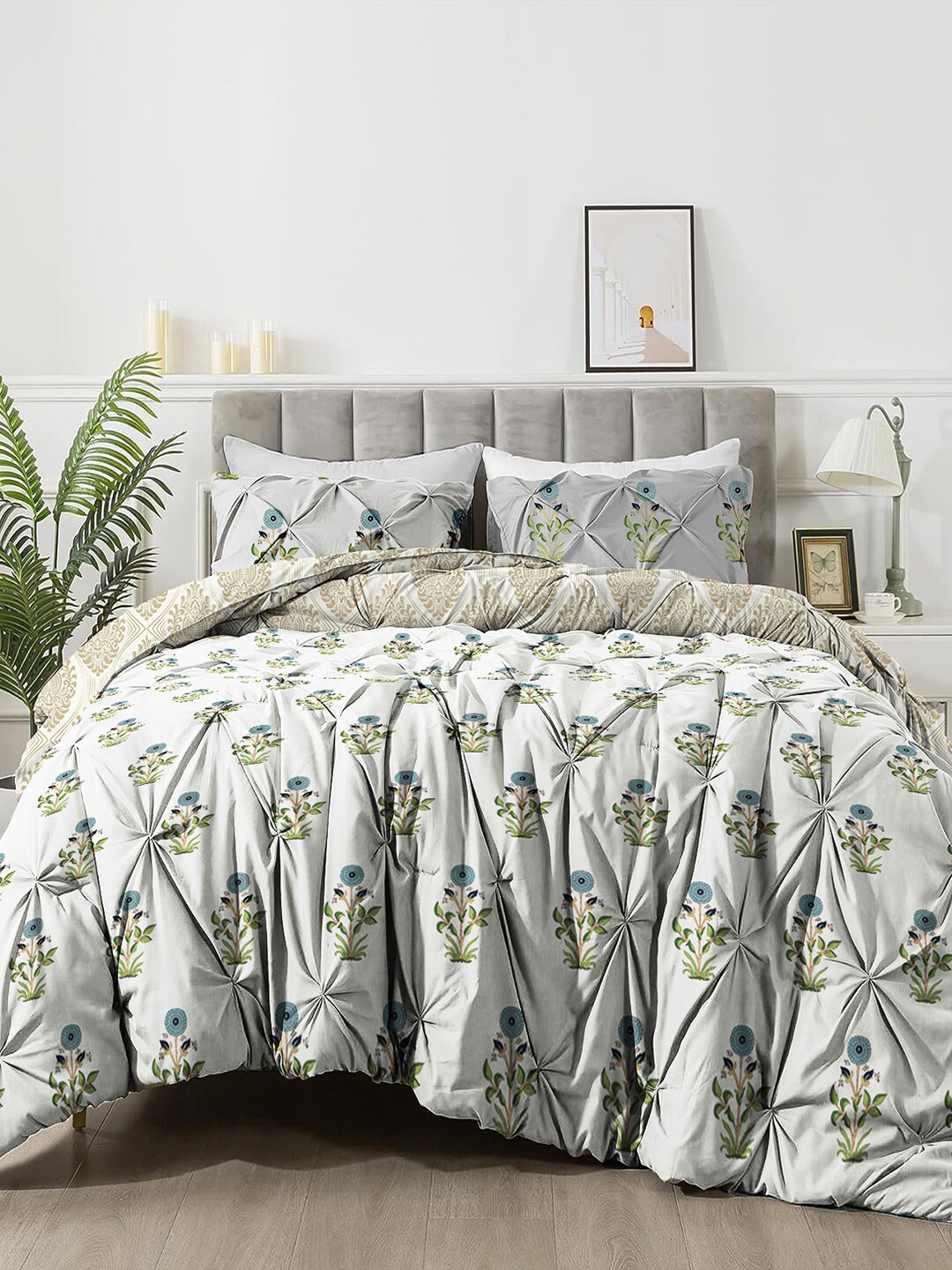 

The White Moss Hannah Reversible Print Pinch Pleat AC Comforter With 2 Pillow Cover, Grey