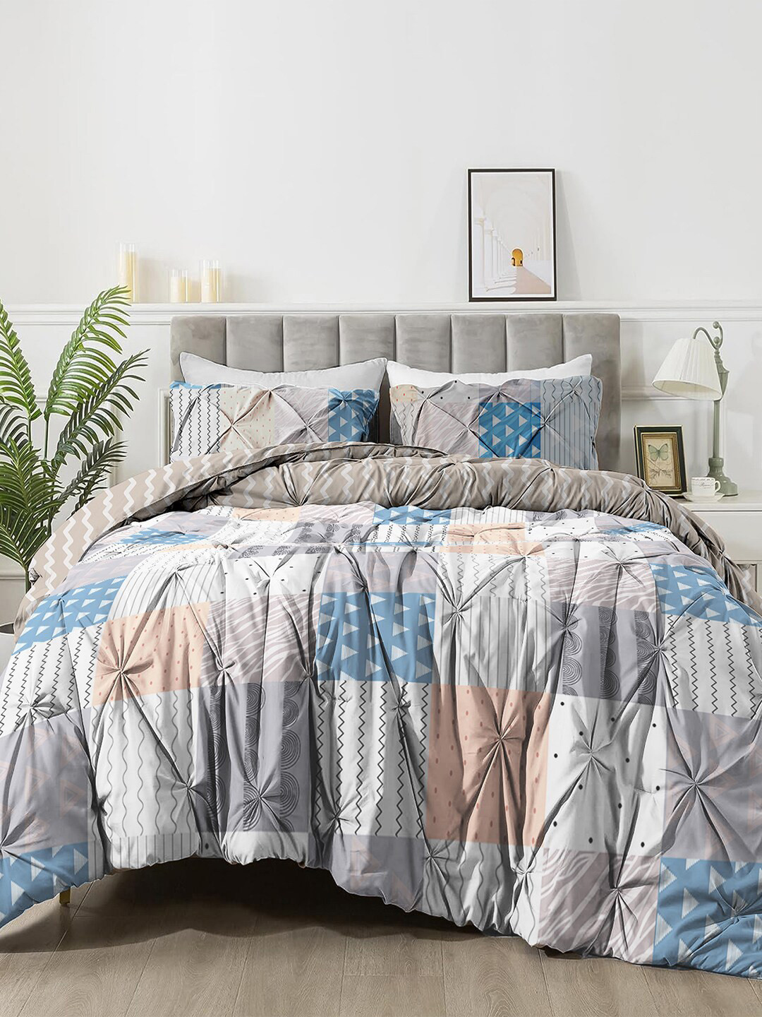 

THE WHITE MOSS Hannah Reversible Print Pinch Pleat Comforter With Pillow Cover, Grey