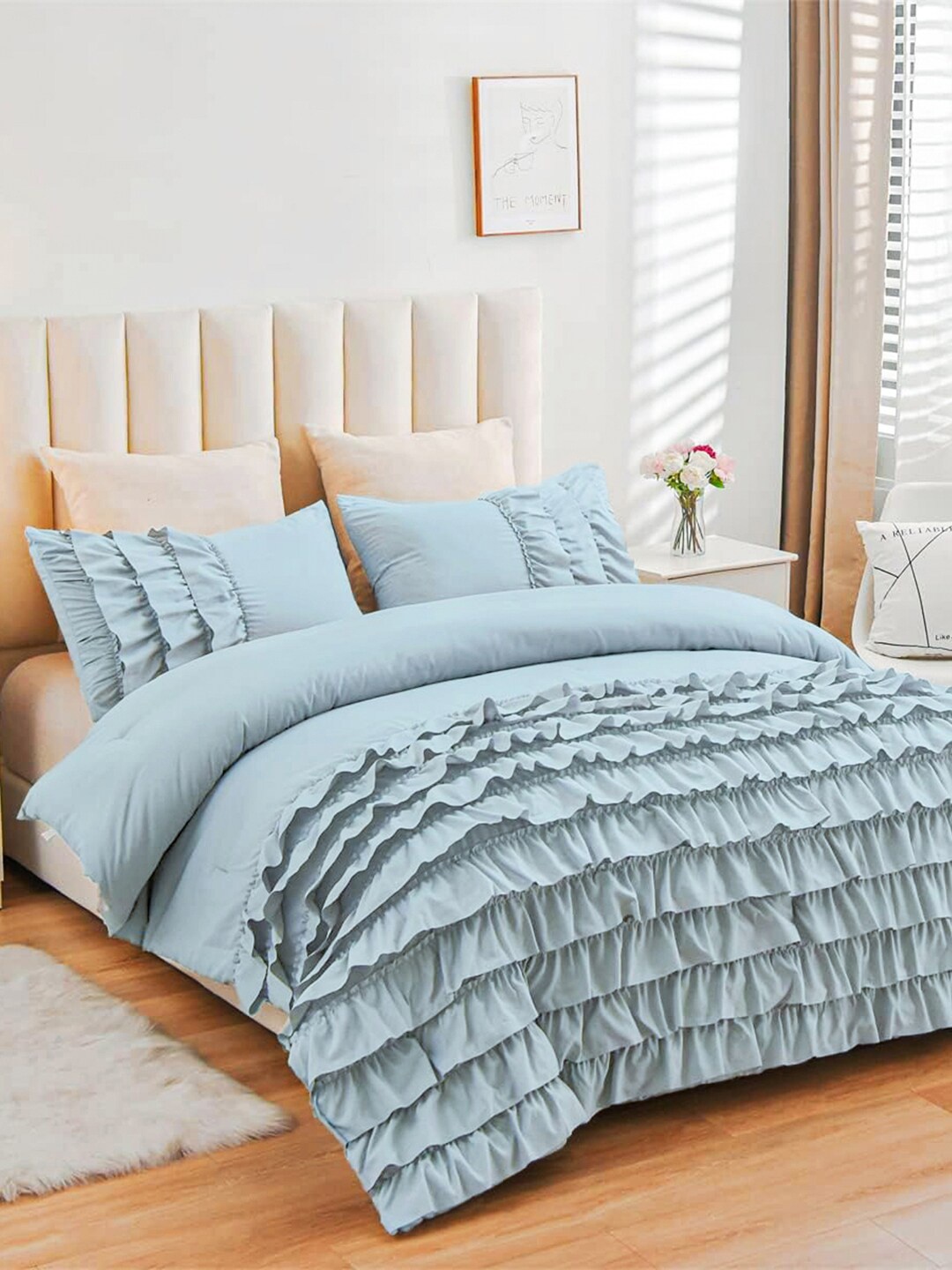 

THE WHITE MOSS Ruffles Blue King Size Comforter & 2 Pillow Covers, Turquoise blue