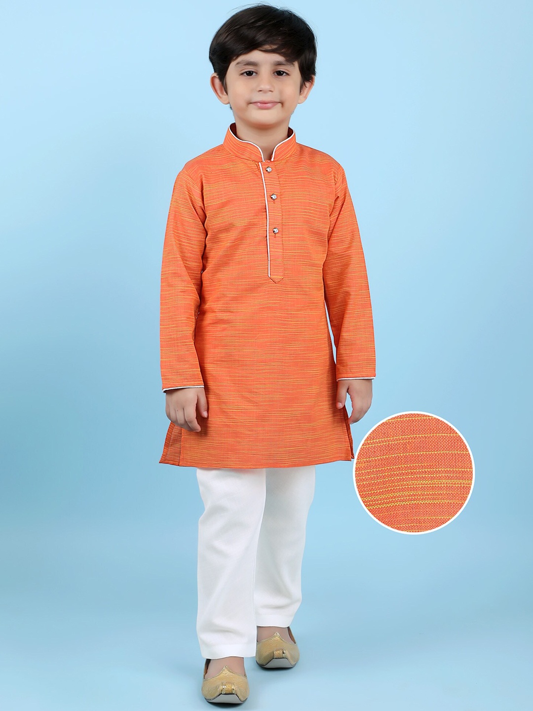 

KIDS FARM Boys Striped Regular Pure Cotton Kurta with Pyjamas, Orange