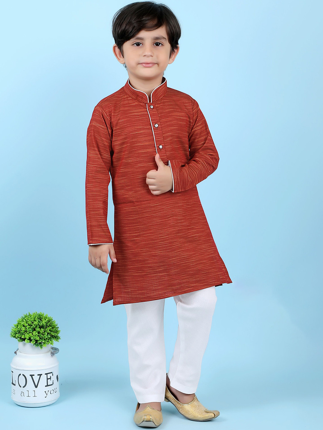 

KIDS FARM Boys Striped Regular Pure Cotton Kurta with Pyjamas, Maroon