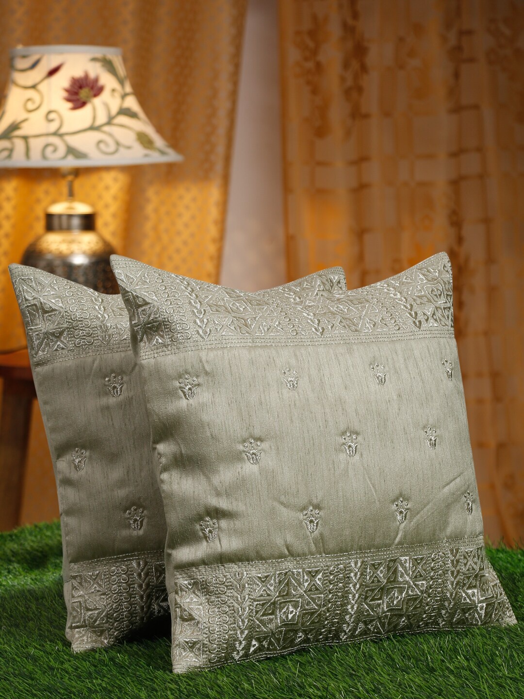 

HOSTA HOMES Olive Green & Silver-Toned 2 Pieces Embroiederd Silk Square Cushion Covers