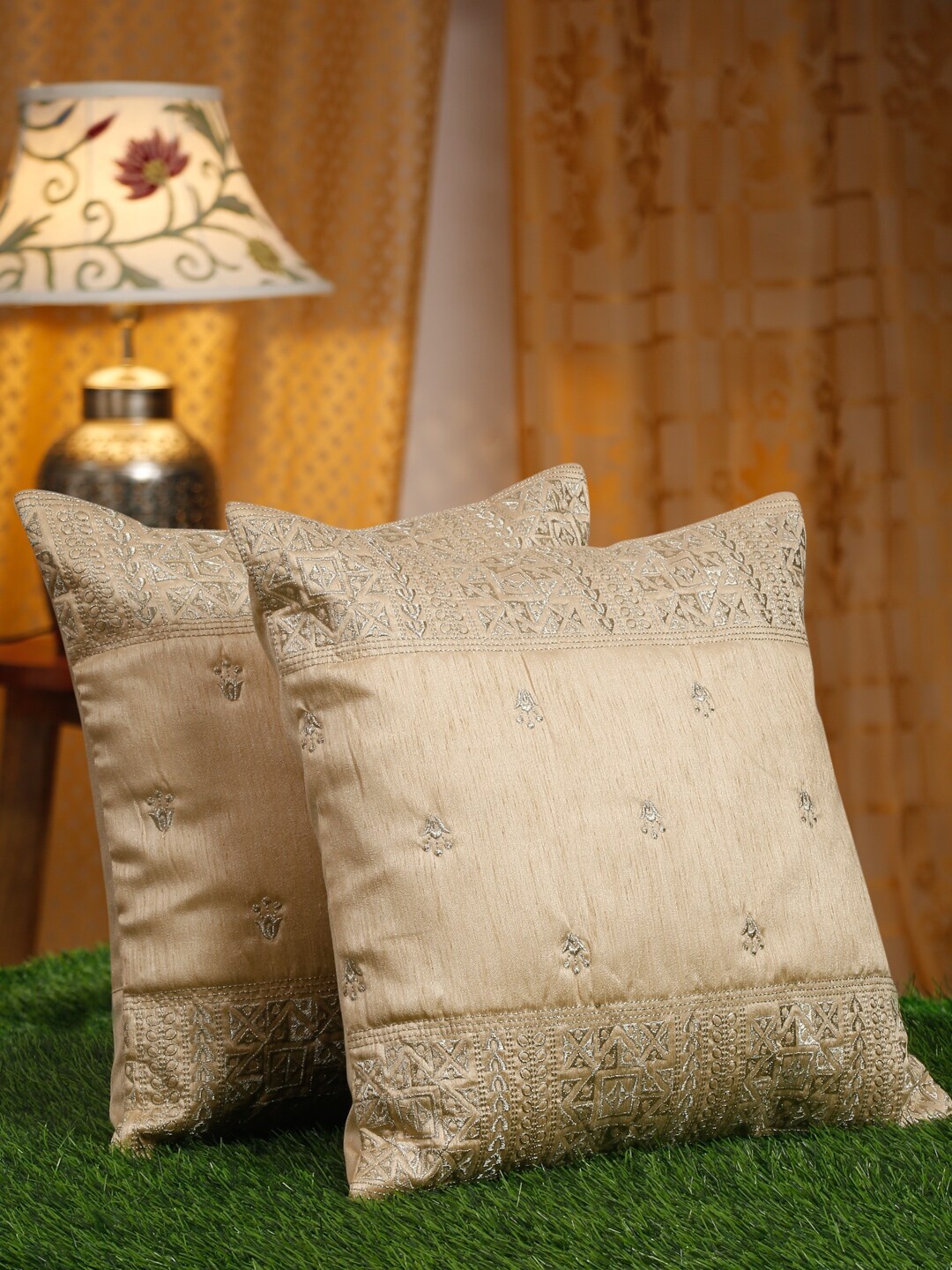 

HOSTA HOMES Beige & Silver-Toned 2 Pieces Embroidered Silk Square Cushion Covers