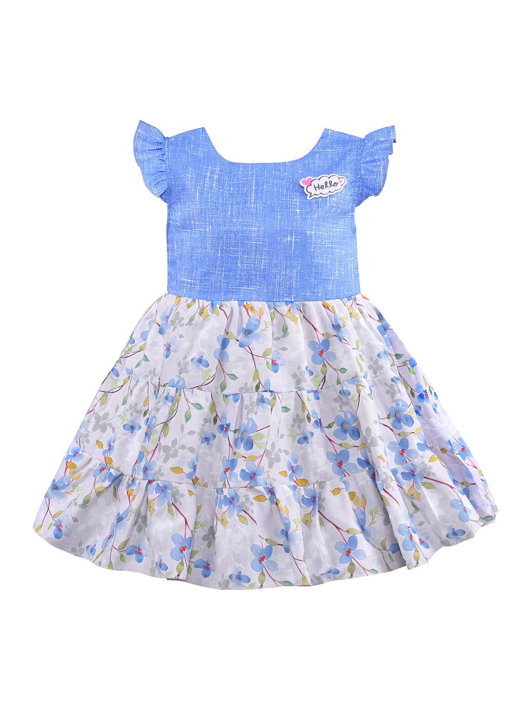 

Wish Karo Blue Floral Print Flutter Sleeve Satin Fit & Flare Dress