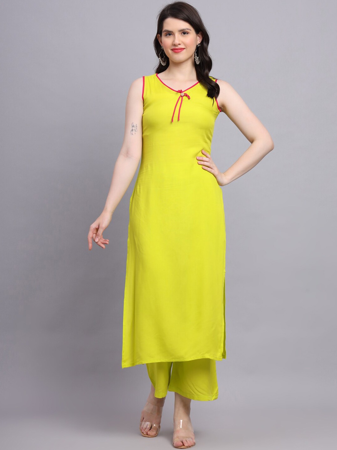

KALINI V-Neck Straight Kurta with Palazzo, Lime green