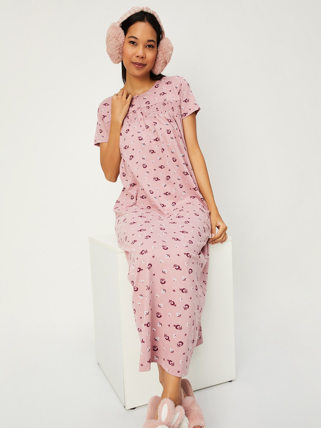 

max Floral Printed Maxi Pure Cotton Nightdress, Purple