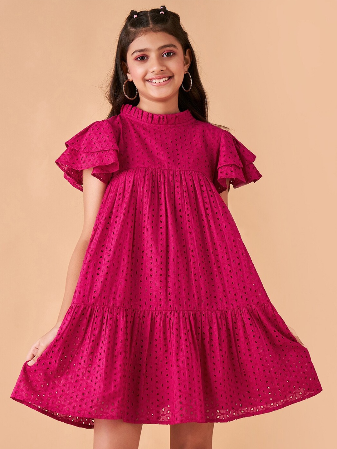 

Cherry & Jerry Girls Self Design Tiered Flutter Sleeved Cotton Schiffli A-Line Dress, Magenta