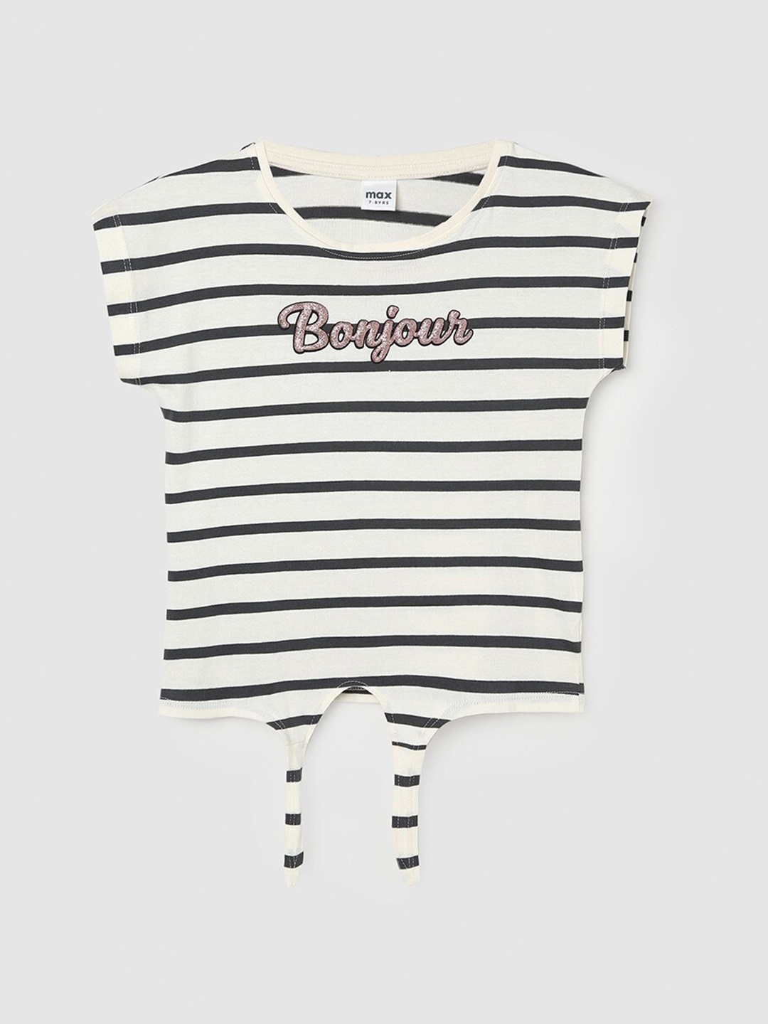 

max Girls Striped Round Neck Extended Sleeves Tie-Ups Cotton T-shirt, White