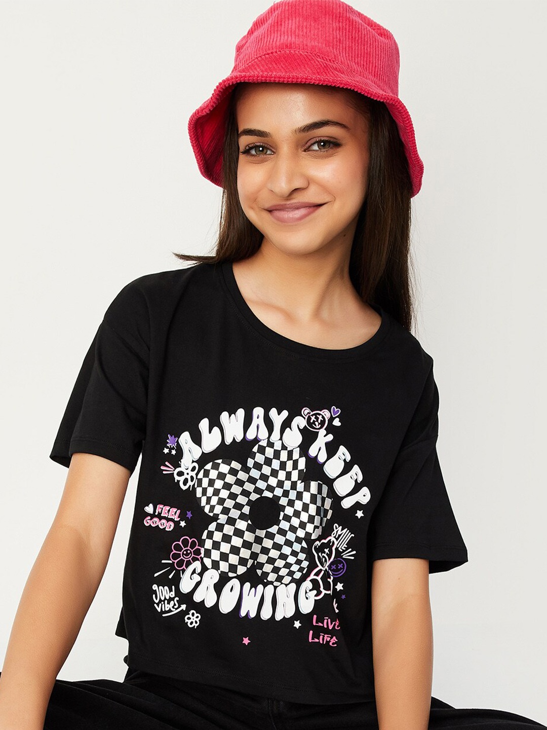 max Girls Typography Printed Pure Cotton T-shirt, Black