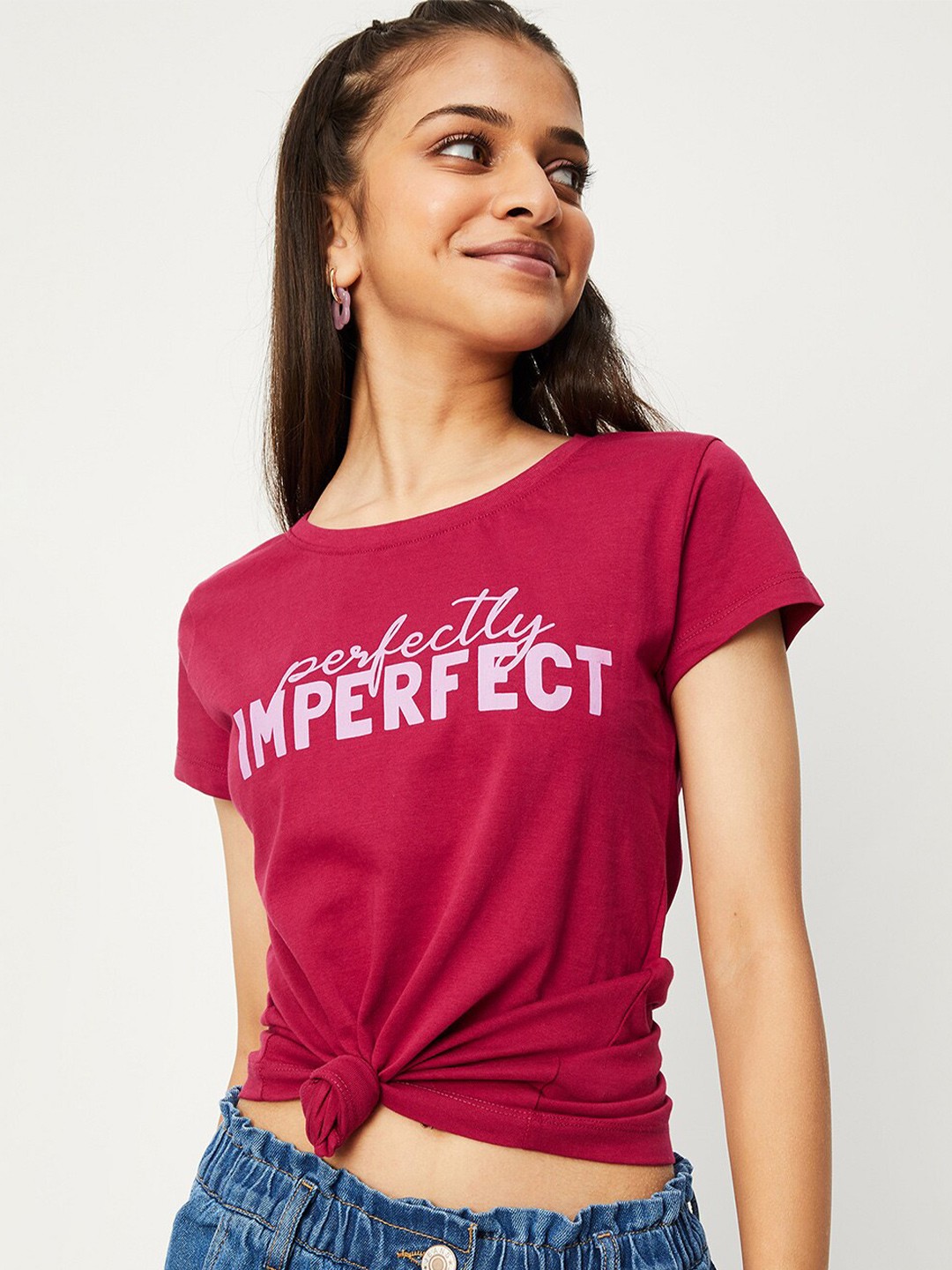 

max Girls Typography Printed Cotton T-shirt, Burgundy