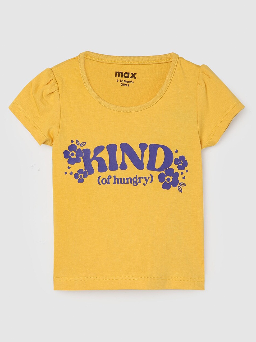 max Girls Typography Printed Pure Cotton T-shirt, Yellow